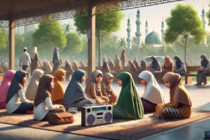 DALL·E-2024-08-13-08.06.56-A-public-outdoor-setting-featuring-a-group-of-Tamil-speaking-Muslim-girls-listening-to-the-radio-together.-The-scene-is-set-in-a-community-park-with-l-1536×878