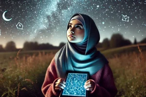 DALL·E-2024-08-16-21.33.48-A-wide-aspect-ratio-image-of-a-young-Muslim-girl-wearing-a-hijab-gazing-up-at-the-night-sky-and-trying-to-guess-the-constellations.-She-stands-in-an–1536×878