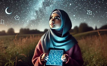 DALL·E-2024-08-16-21.33.48-A-wide-aspect-ratio-image-of-a-young-Muslim-girl-wearing-a-hijab-gazing-up-at-the-night-sky-and-trying-to-guess-the-constellations.-She-stands-in-an--1536x878