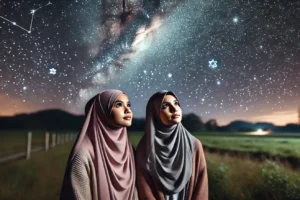 DALL·E-2024-08-16-21.35.07-A-wide-aspect-ratio-image-featuring-two-young-Muslim-girls-wearing-hijabs-standing-side-by-side-gazing-up-at-the-night-sky-filled-with-stars.-They-a-1536×878