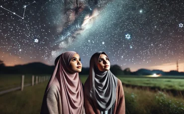 DALL·E-2024-08-16-21.35.07-A-wide-aspect-ratio-image-featuring-two-young-Muslim-girls-wearing-hijabs-standing-side-by-side-gazing-up-at-the-night-sky-filled-with-stars.-They-a-1536x878