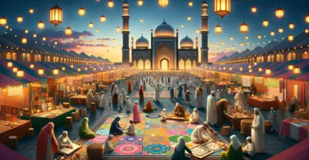 DALL·E-2024-02-01-15.51.05-Imagine-a-vibrant-outdoor-venue-under-the-gentle-glow-of-lanterns-at-dusk-with-a-beautifully-illuminated-mosque-in-the-background.-The-foreground-is–450×233